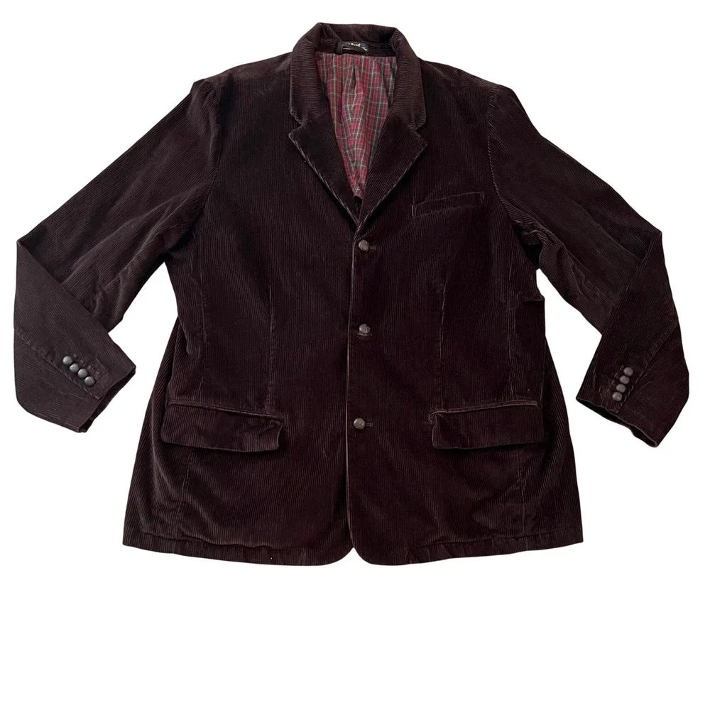 LL Bean Mens Corduroy Blazer Jacket Brown Elbow Patches Plaid Lining 52 Tall